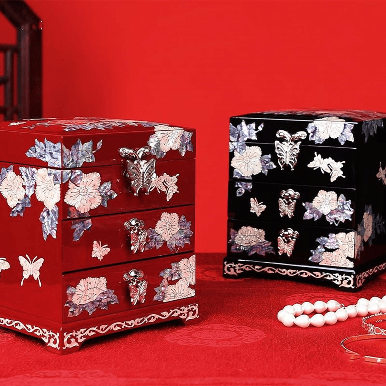 Lacquerware Mother-of-Pearl Lacquer Jewelry Box with Lid and Drawer