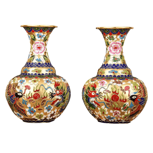 Cloisonné Enamel Pair of Vases Dragon and Phoenix