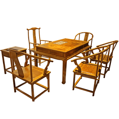 Golden Nanmu & Mortise and Tenon Joints Chinese Tearoom Furniture Set Tea Table and Chiars