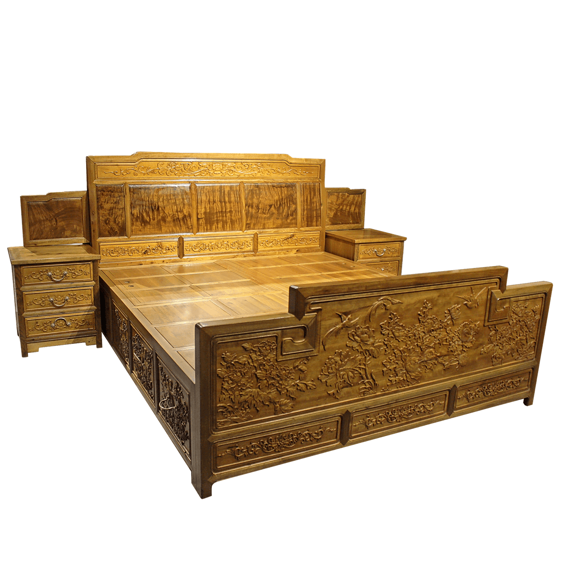 Golden Nanmu & Mortise and Tenon Joints Furniture  Chinese Bed And Bedside Tables