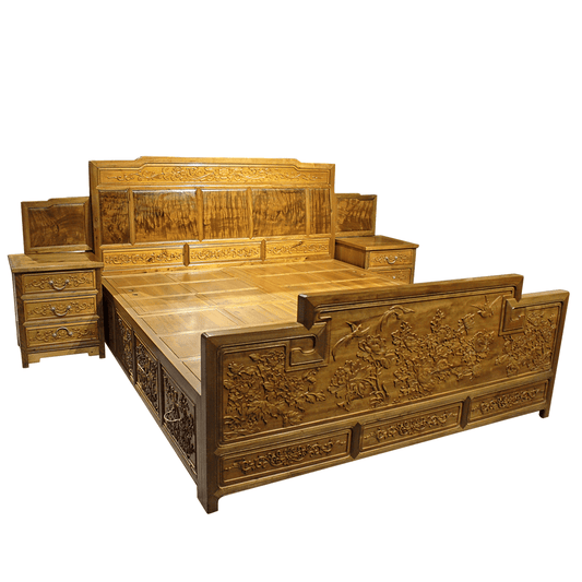 Golden Nanmu & Mortise and Tenon Joints Furniture  Chinese Bed And Bedside Tables