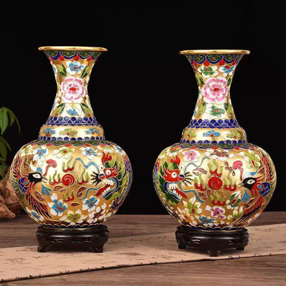 Cloisonné Enamel Pair of Vases Dragon and Phoenix