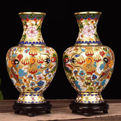 Cloisonné Enamel Pair of Vases Dragon and Phoenix