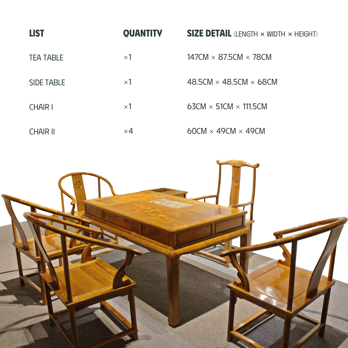 Golden Nanmu & Mortise and Tenon Joints Chinese Tearoom Furniture Set Tea Table and Chiars