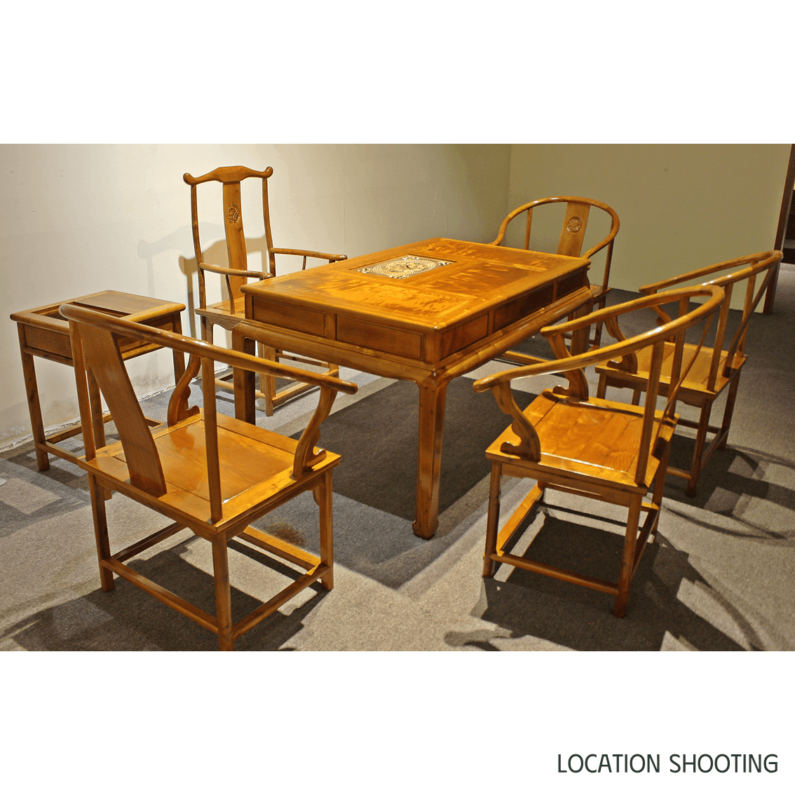 Golden Nanmu & Mortise and Tenon Joints Chinese Tearoom Furniture Set Tea Table and Chiars