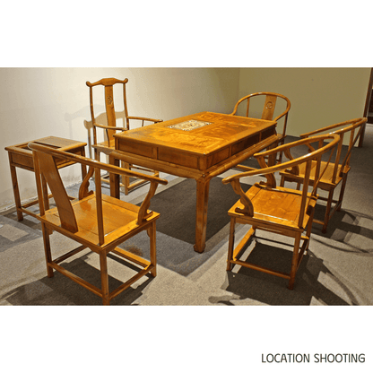 Golden Nanmu & Mortise and Tenon Joints Chinese Tearoom Furniture Set Tea Table and Chiars