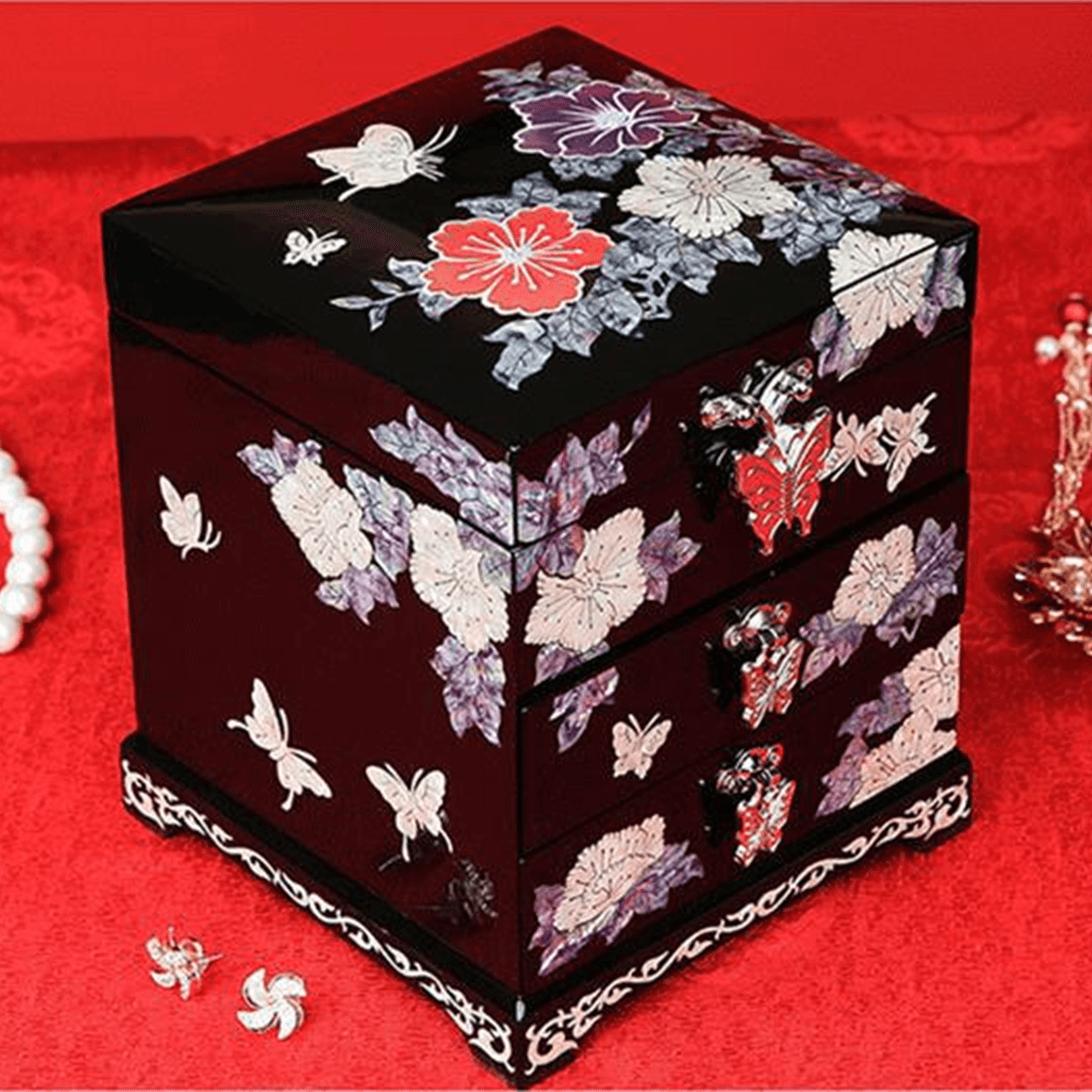 Lacquerware Mother-of-Pearl Lacquer Jewelry Box with Lid and Drawer