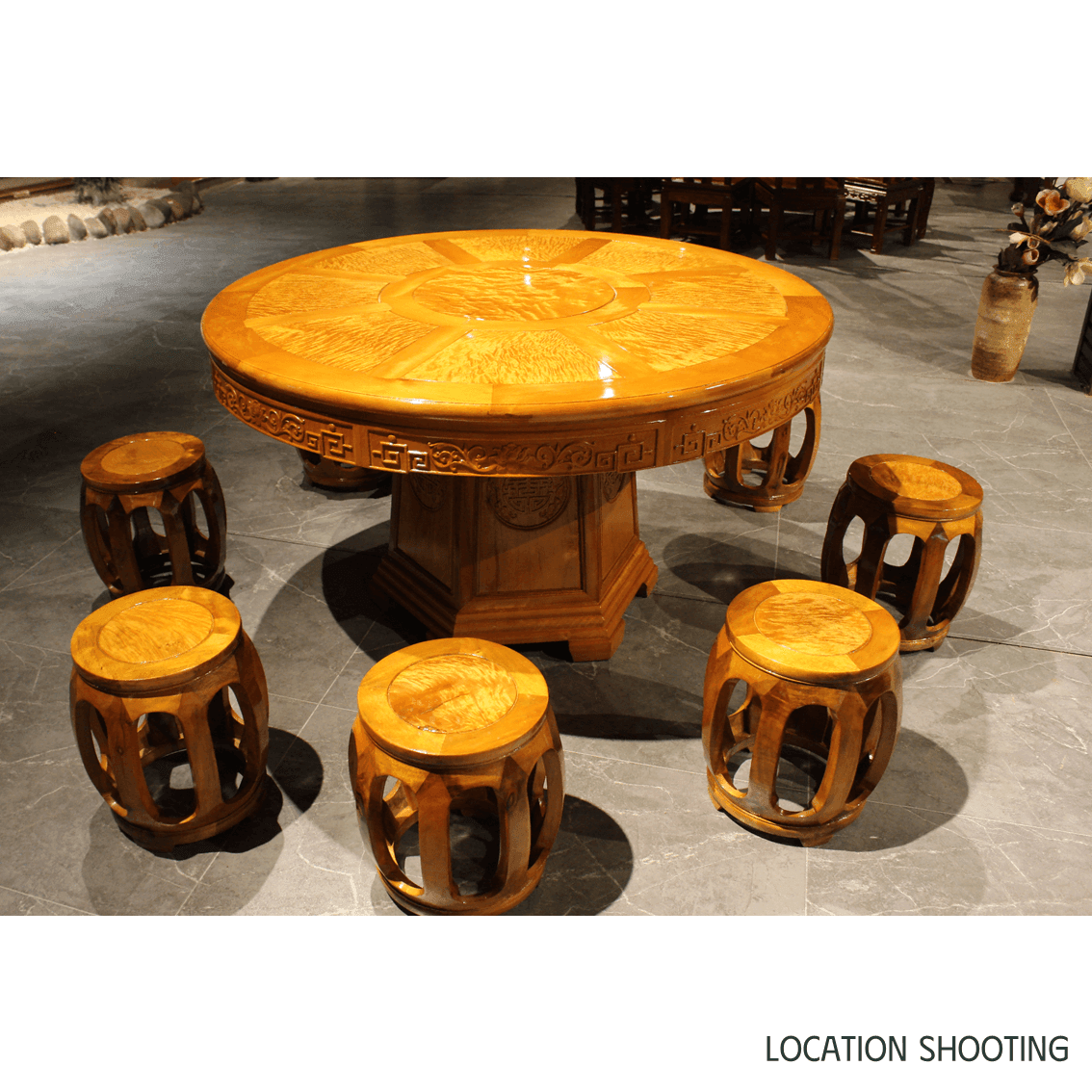 Golden Nanmu & Mortise and Tenon Joints Furniture Chinese Dining Table And Stools