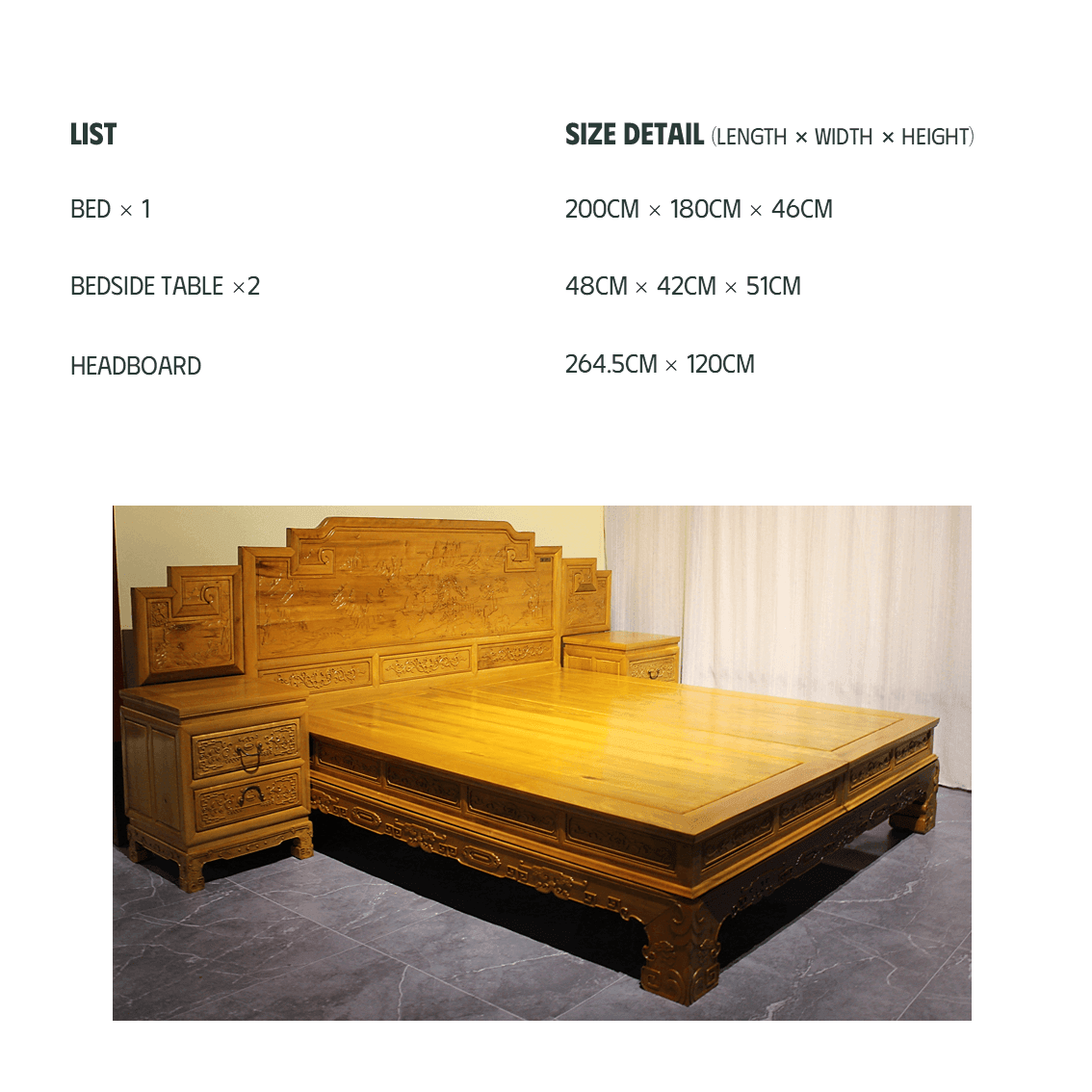 Golden Nanmu & Mortise and Tenon Joints Furniture  Chinese Bed And Bedside Tables