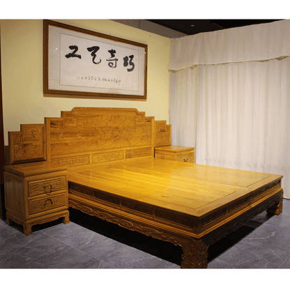 Golden Nanmu & Mortise and Tenon Joints Furniture  Chinese Bed And Bedside Tables