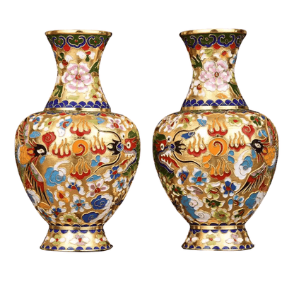 Cloisonné Enamel Pair of Vases Dragon and Phoenix