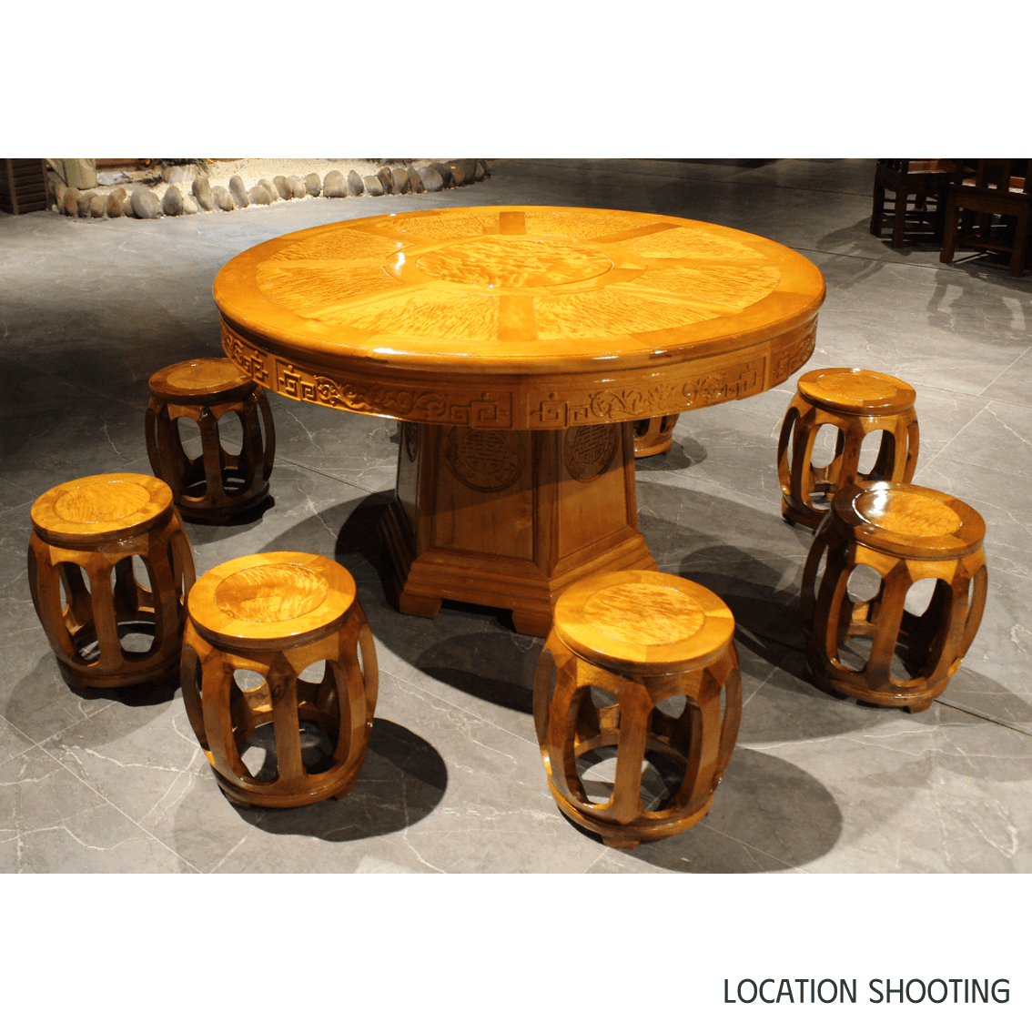 Golden Nanmu & Mortise and Tenon Joints Furniture Chinese Dining Table And Stools