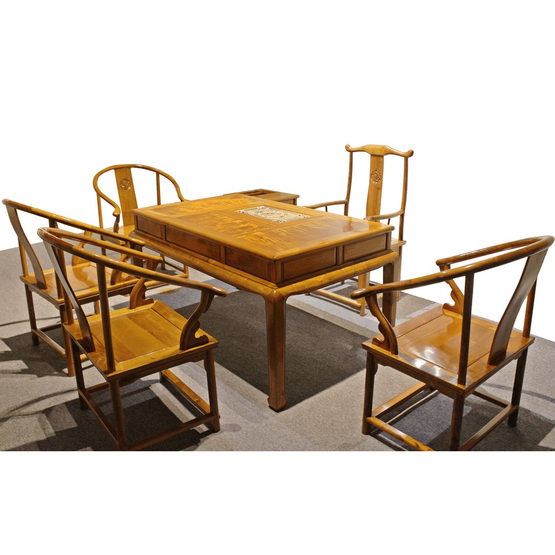 Golden Nanmu & Mortise and Tenon Joints Chinese Tearoom Furniture Set Tea Table and Chiars