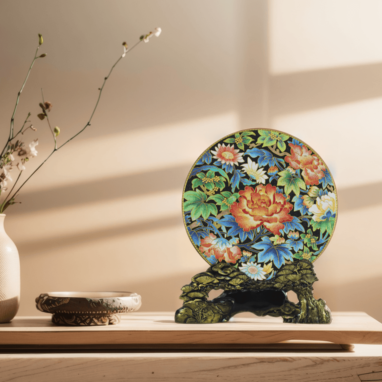 Cloisonne Anamel Peony Decorative Plate