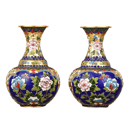 Cloisonné Enamel Pair of Vases Peony