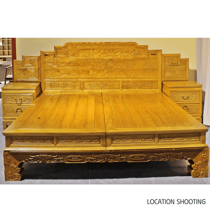 Golden Nanmu & Mortise and Tenon Joints Furniture  Chinese Bed And Bedside Tables