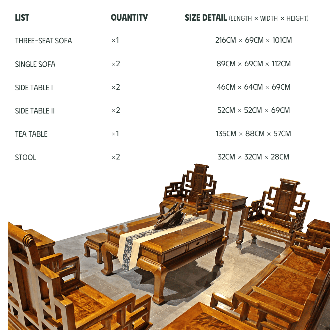 Golden Nanmu & Mortise and Tenon Joints Livingroom Chinese Furniture Set