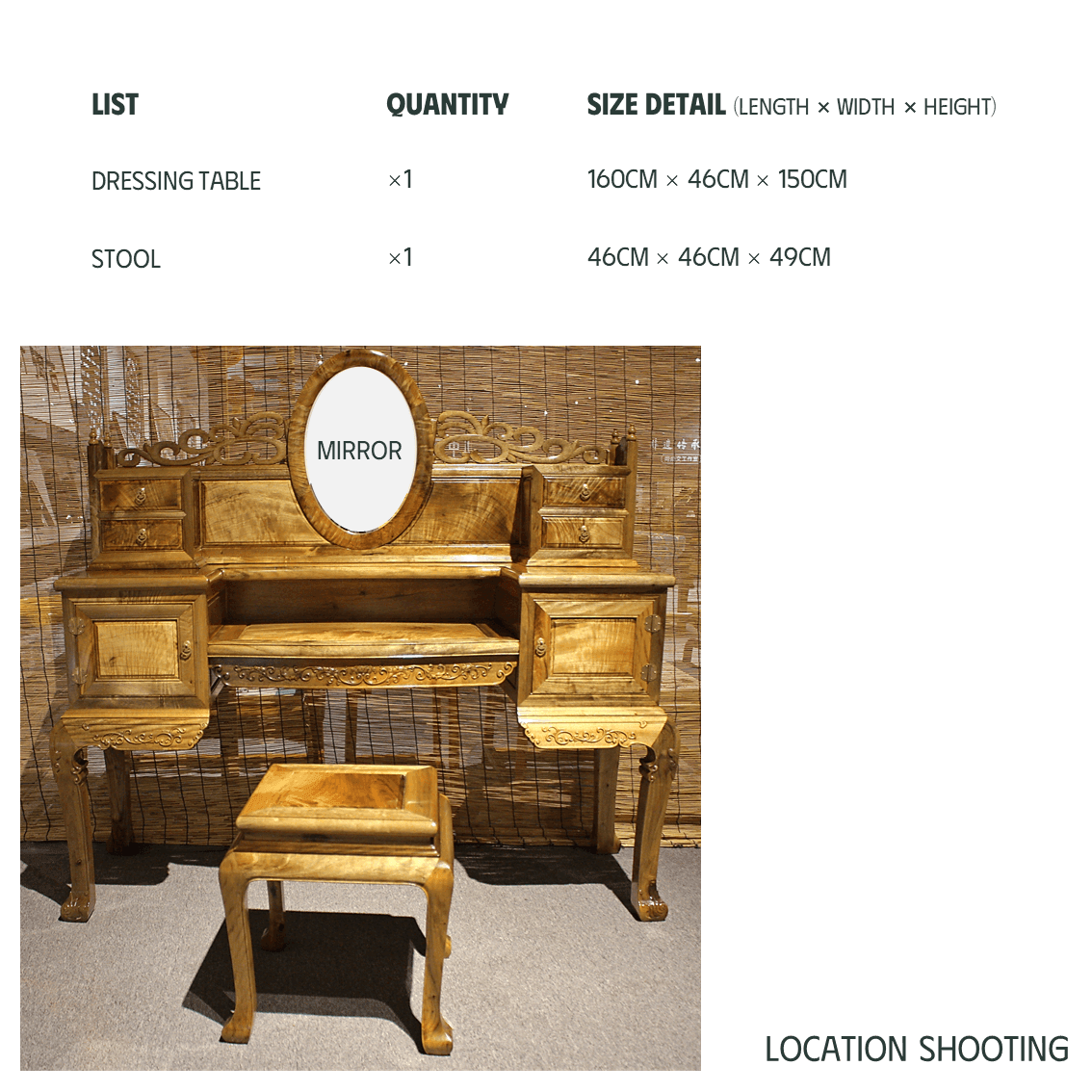 Golden Nanmu & Mortise and Tenon Joints Furniture Chinese Dressing Table And Stool