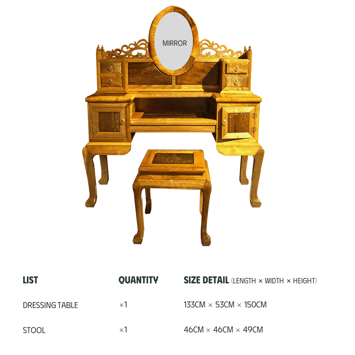 Golden Nanmu & Mortise and Tenon Joints Furniture Chinese Dressing Table And Stool