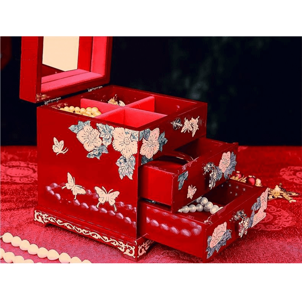 Lacquerware Mother-of-Pearl Lacquer Jewelry Box with Lid and Drawer