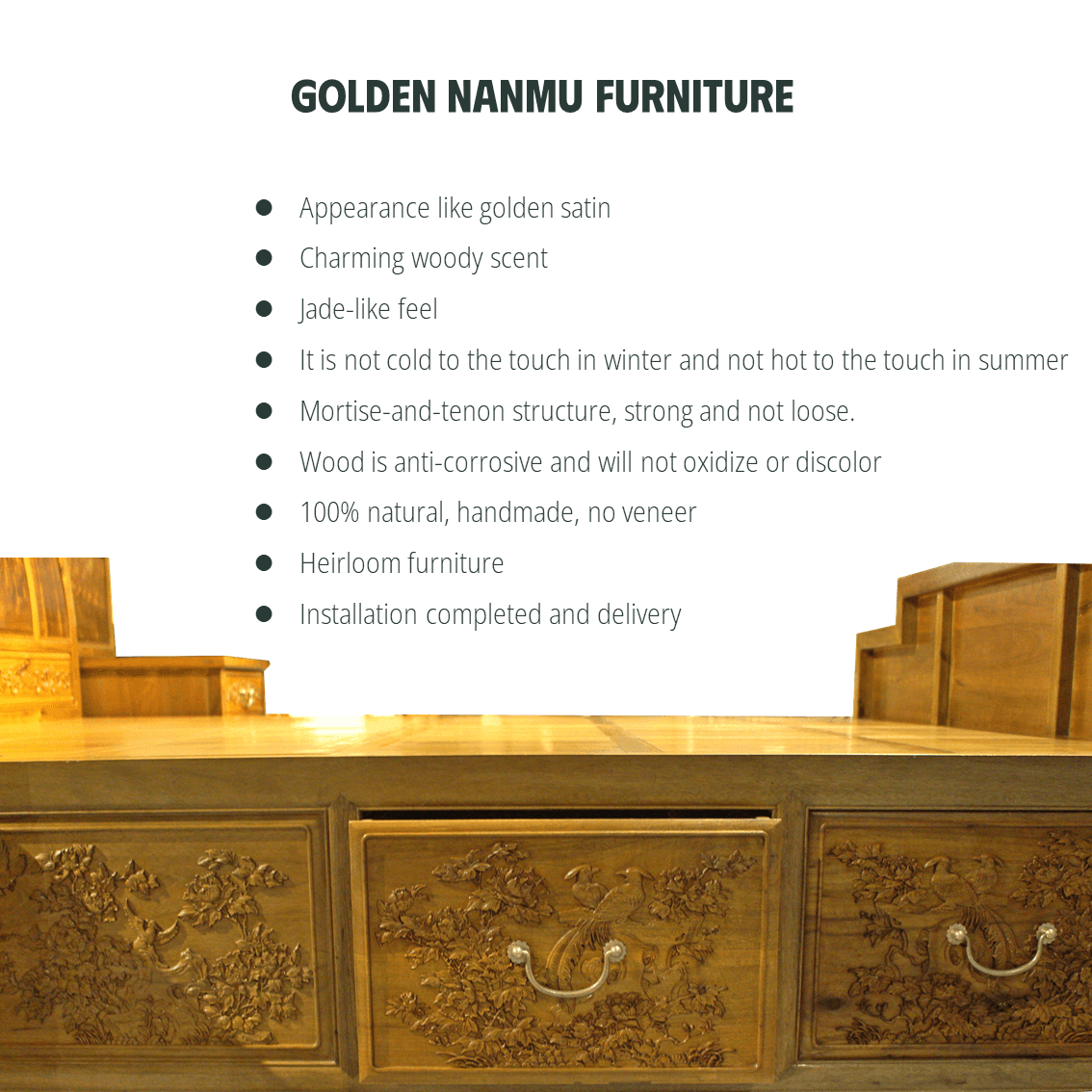 Golden Nanmu & Mortise and Tenon Joints Furniture  Chinese Bed And Bedside Tables