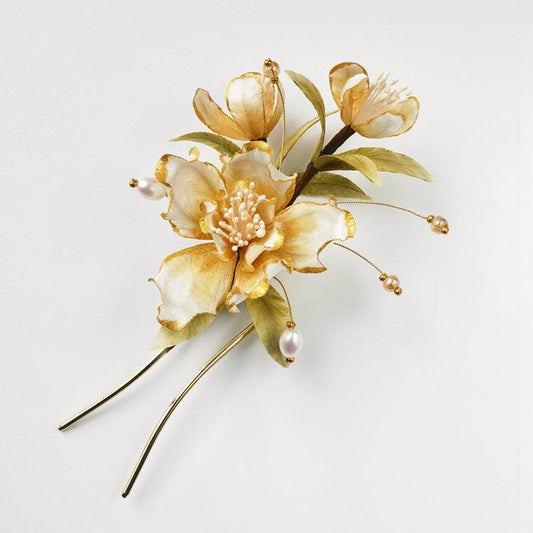 Chinese Velvet Flower Hair Fork - Golden Lily