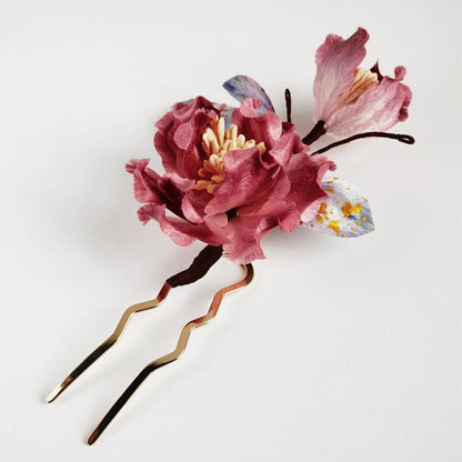 Chinese Velvet Flower Hair Fork - Chinese Rose